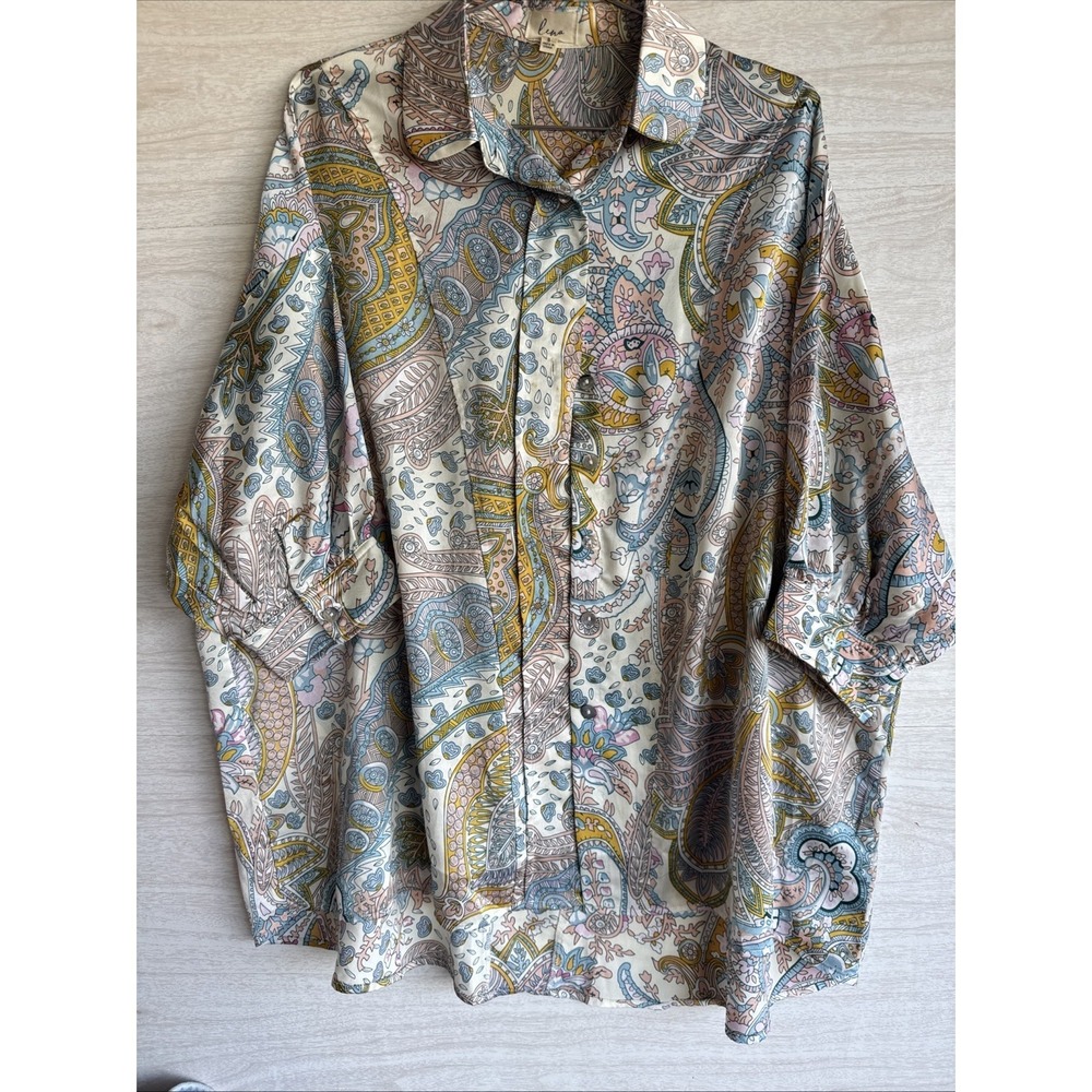 Lena  Pearl Like button-front 3/4 Sleeve Blouse Multicolor Paisley Print Sz S